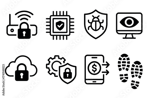 Cyber security and data protection icon set. Vector black symbols of online safety and privacy