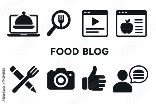 Food Blog Icon Set. Vector black cooking and digital media symbols of recipe, content creation, and culinary blog illustrations