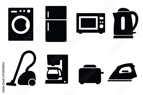 Home appliances and kitchen electronics icon set. Vector black symbols of household devices