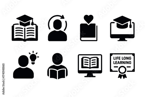 Lifelong learning and continuous education icon set. Vector black symbols of self-improvement