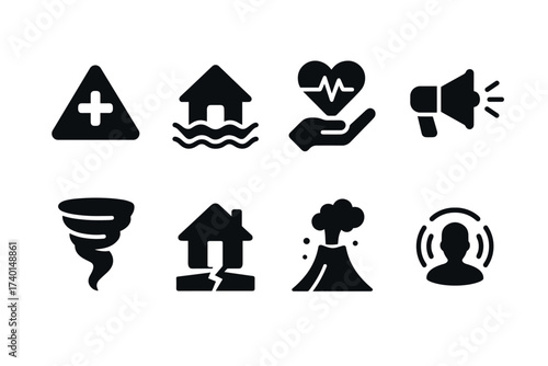 Natural disaster and emergency icon set. Vector black symbols of catastrophe and warning