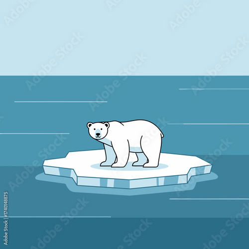 A solitary polar bear stands on a small, melting ice floe adrift in the vast blue arctic ocean, symbolizing climate change.