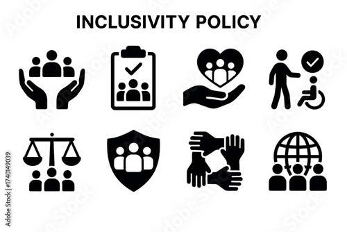 Inclusivity and diversity policy icon set. Vector black symbols of equality and social justice