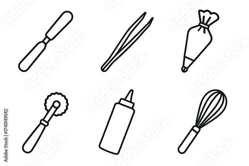 Pastry and baking tools icon set. Vector line art symbols of kitchen and confectionery utensils