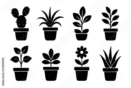 Potted Plants Icon Set. Vector black garden symbols of cactus, aloe, flower, houseplant, leaf, indoor, and greenery illustrations