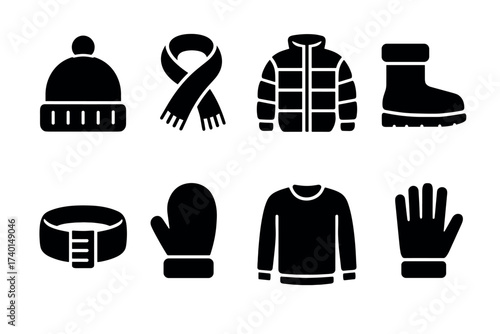 Winter clothing and cold weather accessories icon set. Vector black symbols of warm apparel