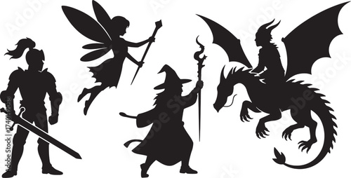 Black silhouette of a knight a fairy a wizard and a dragon on a white background armor sword