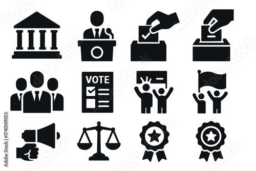 Election and politics icon set. Vector black symbols of government and voting