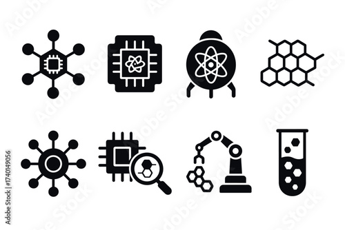 Nanotechnology and science icon set. Vector black symbols of molecular engineering and research
