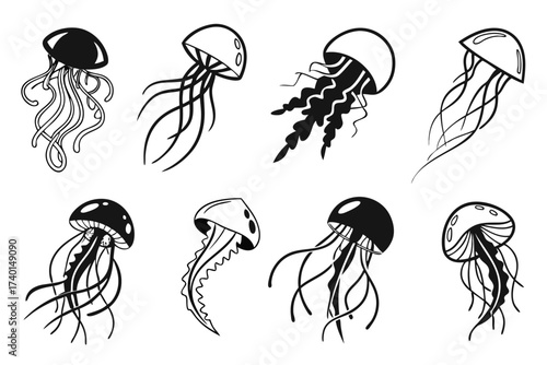 Set of eight minimalist abstract jellyfish icons