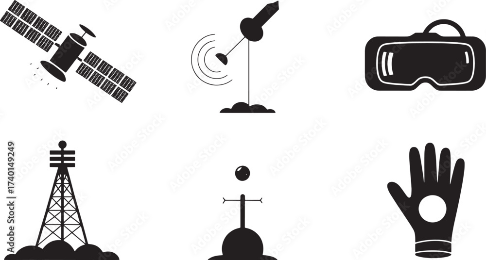 Fototapeta premium Black vector icons of satellite V R headset radio tower and glove on white background space communication