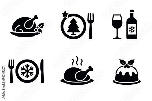 Christmas dinner and holiday food icon set. Vector black symbols of festive meals