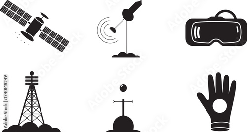 Black vector icons of satellite V R headset radio tower and glove on white background space communication