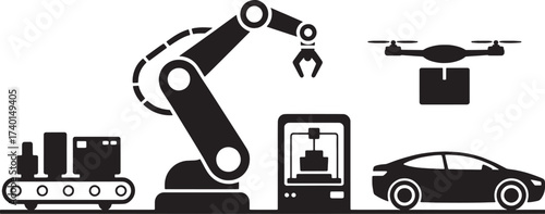 Industrial automation elements robotic arm conveyor belt 3d printer drone and car icons industry technology