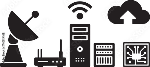 Satellite dish router computer server cloud upload and circuit board icons vector