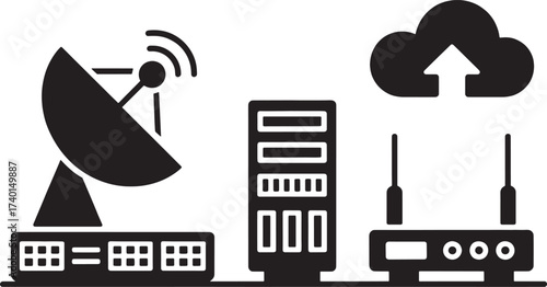 Satellite dish server rack and cloud upload icon graphic vector
