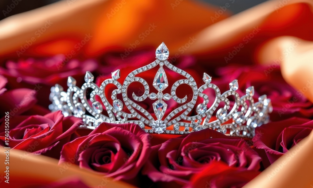 Obraz premium Elegant diamond tiara rests on a bed of red roses and luxurious orange fabric, fabric, elegance