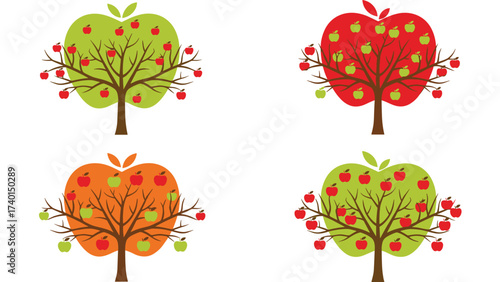 Apple tree illustration with colorful fruits, organic farming harvest design, healthy food concept, agriculture orchard background, seasonal nutrition vector nature art