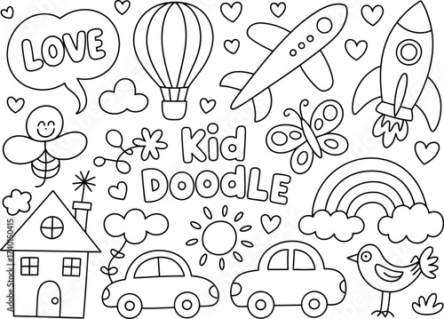 Whimsical hand drawn doodle art for kids with colorful elements