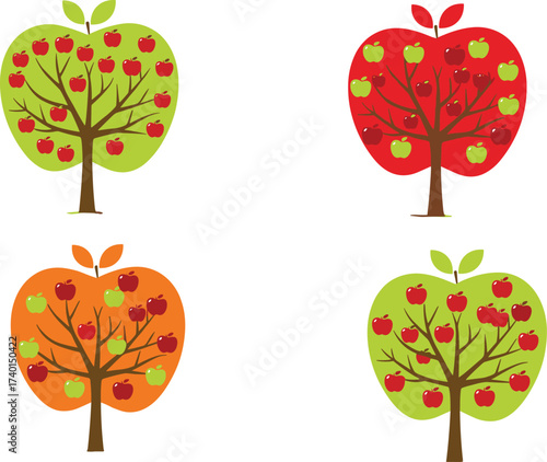 Apple tree illustration with ripe red fruits, seasonal harvest design, organic farming agriculture concept, healthy nutrition food vector orchard background art