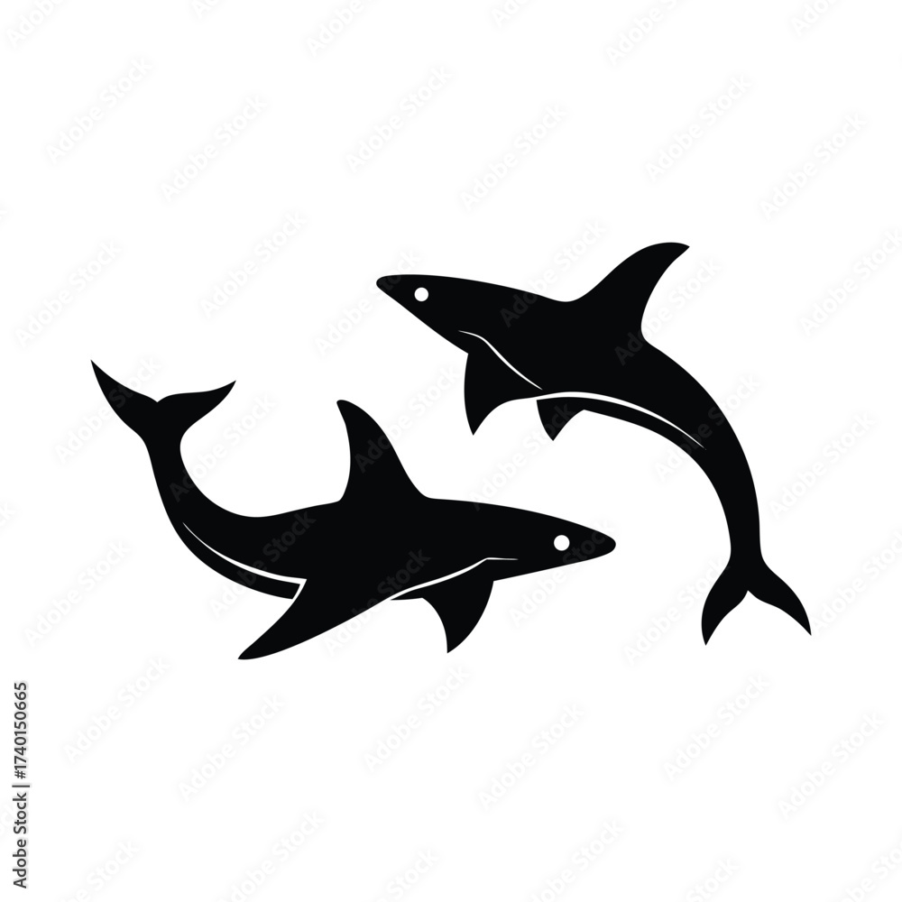 Obraz premium Captivating black fill vector design featuring two stylized sharks in dynamic motion