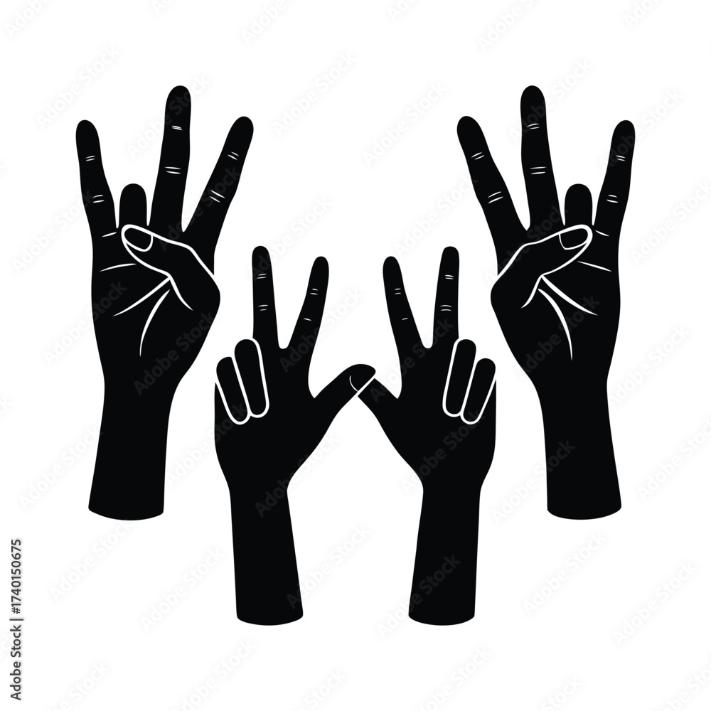 Obraz premium Four black fill vector designs of hands showing peace and rock-on symbols on white background