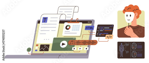 Laptop screen with text, media, graphs, and code highlighting content creation. Masked face and fingerprint visuals convey identity, analysis. Ideal for tech, web design, creativity security media