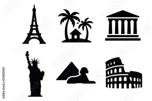 World landmarks and travel icon set. Vector black symbols of famous tourist attractions