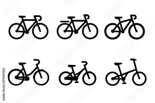 Bicycle and cycling icon set. Vector black symbols of different bike types