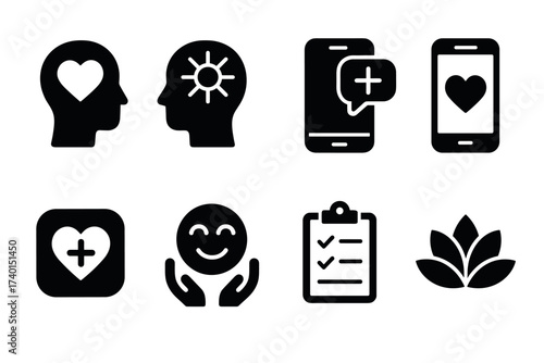 Mental health and wellbeing icon set. Vector black symbols of self-care and positive mindset