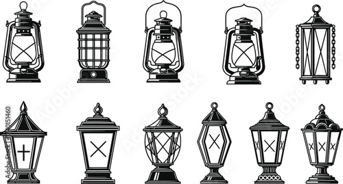 Collection of vintage lantern silhouettes, antique oil lamps, retro hanging lanterns, decorative lamp icons, black vector illustration, old lighting design