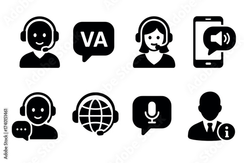 Virtual assistant and customer service icon set. Vector black symbols of remote support