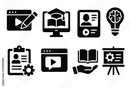 E-learning and online course icon set. Vector black symbols of distance education
