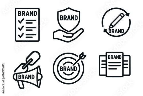 Branding and marketing icon set. Vector line art symbols of brand identity and strategy