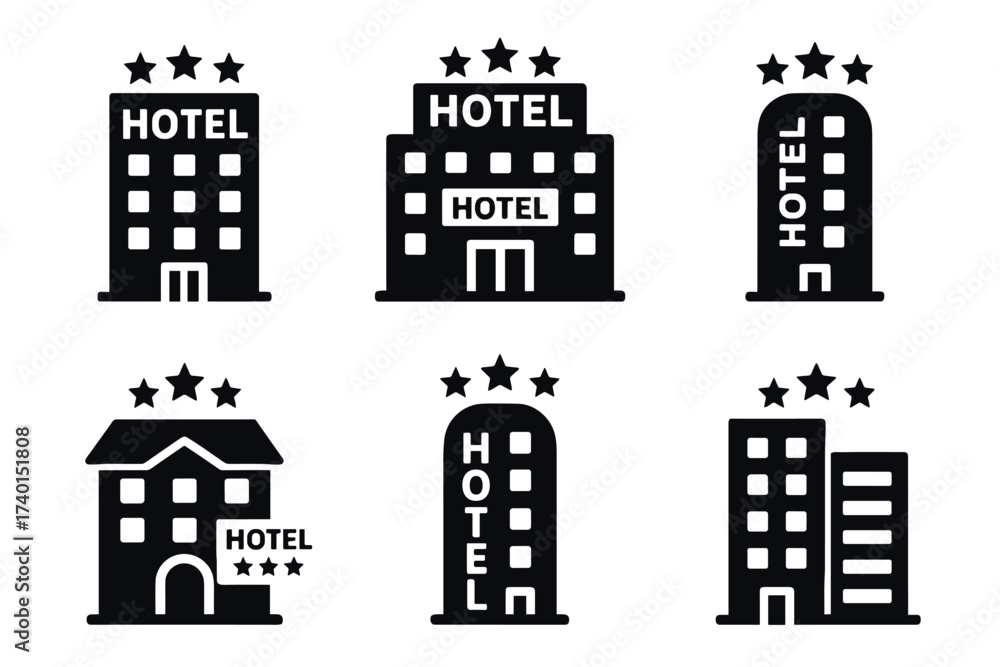 Obraz premium Hotel and accommodation icon set. Vector black symbols of hospitality and travel