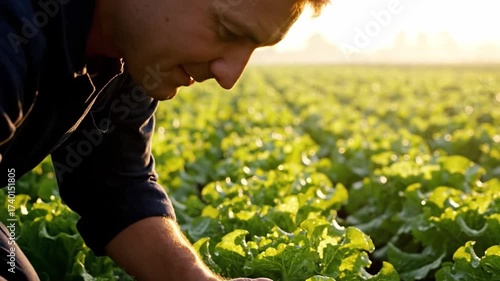 Male farmer inspecting fresh organic crops in a field at sunrise. Agriculture, sustainability, and farming concept.