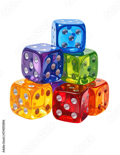 Stacked vibrant dice in rainbow hues.  Transparent,  multicolored cubes with white pips.  Playful,  game-ready