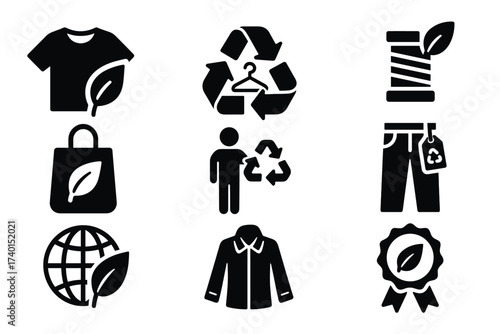 Sustainable fashion and ethical clothing icon set. Vector black symbols of eco-friendly apparel