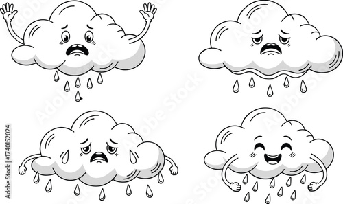 Cute cartoon rain clouds with different emotional expressions, sad crying clouds, happy smiling clouds, weather forecast illustration, vector design, isolated.