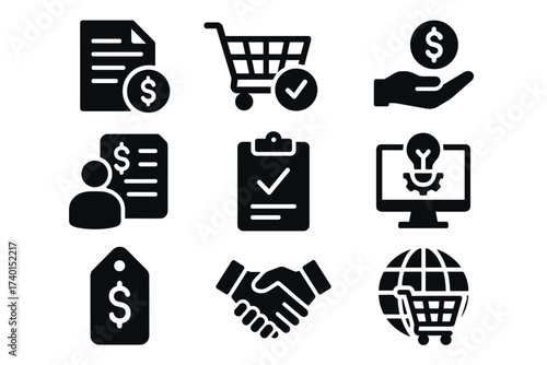 Procurement and purchasing icon set. Vector black symbols of business and supply chain