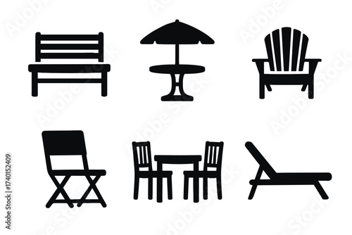 Patio and garden furniture icon set. Vector black symbols of outdoor seating