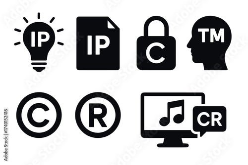 Intellectual property icon set. Vector black symbols of copyright, trademark, and patents