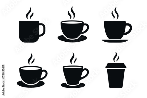 Coffee cup and hot drink icon set. Vector black symbols of cafe and beverages