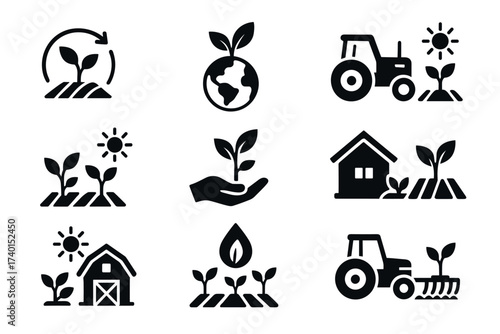 Agriculture and Planting Icon Set. Vector black eco farming symbols of tractor, field, seedlings, organic growth, and sustainable cultivation glyph illustrations