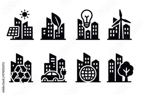 Green city and sustainable urban life icon set. Vector black symbols of eco-friendly infrastructure