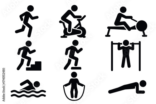 Cardio workout and fitness exercise icon set. Vector black pictograms of gym activities