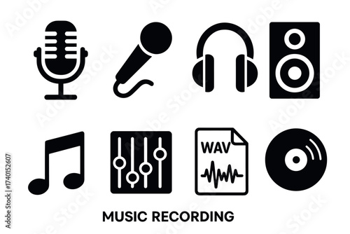 Music recording and audio production icon set. Vector black symbols of a sound studio