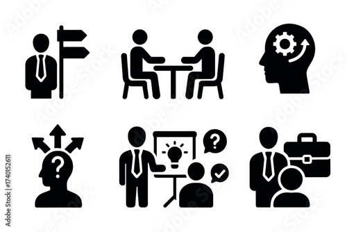 Mentoring and business coaching icon set. Vector black symbols of professional development