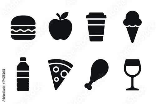 Food and Drink Icon Set. Vector black symbols of burger, apple, coffee cup, ice cream, bottle, pizza, chicken drumstick, and wine glass glyph illustrations