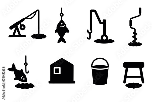 Ice fishing and winter hobby icon set. Vector black symbols of cold weather sport